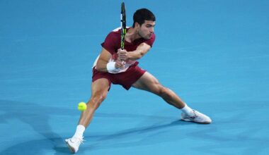 Carlos Alcaraz in action in Miami in 2025.