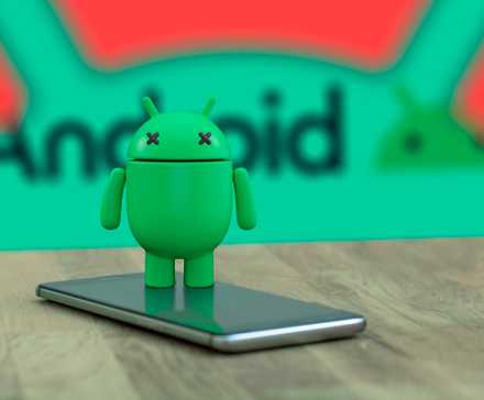Android mascot on top of a phone with 'X' eyes indicating that it is dead, and the Android logo in the background.