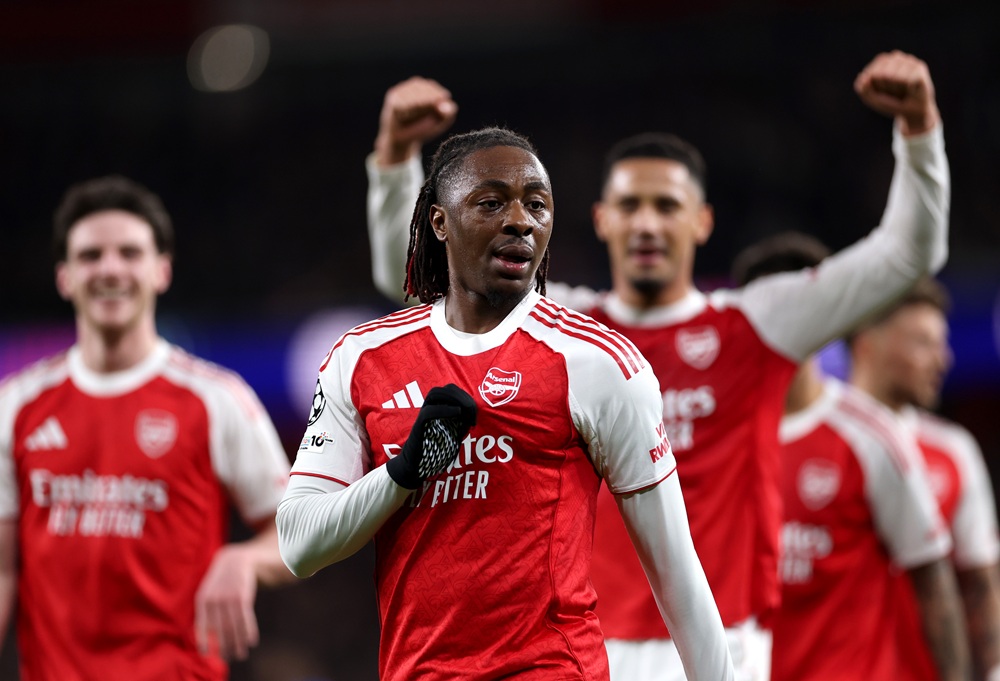 Eberechi Eze of Arsenal celebrates scoring his team's first goal during the UEFA Champions League 2025/26 Round of 16 Second Leg match between Arsenal FC and Bayer 04 Leverkusen at Arsenal Stadium on March 17, 2026 in London, England. (Photo by Warren Little/Getty Images)