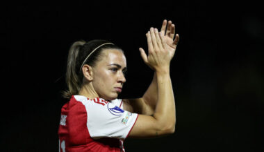 BOREHAMWOOD, ENGLAND - OCTOBER 07: Katie McCabe of Arsenal applauds the fans at full-time following the team's defeat in the UEFA Women's Champions...