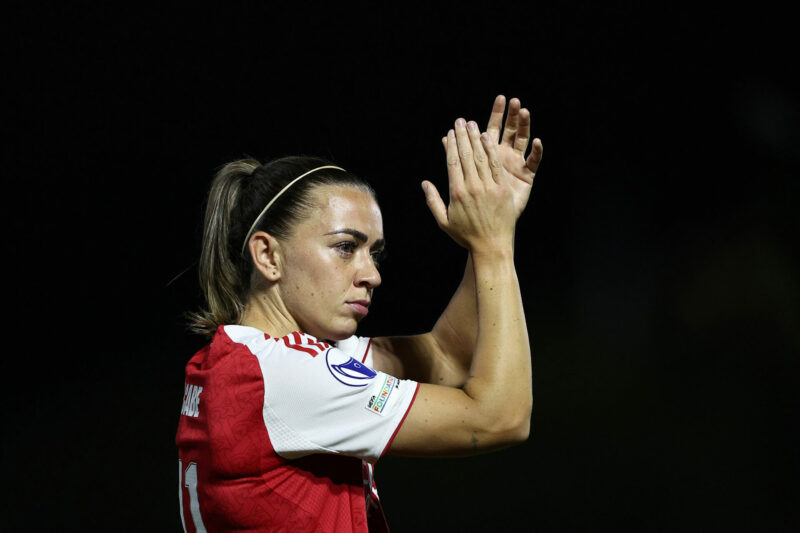 BOREHAMWOOD, ENGLAND - OCTOBER 07: Katie McCabe of Arsenal applauds the fans at full-time following the team's defeat in the UEFA Women's Champions...