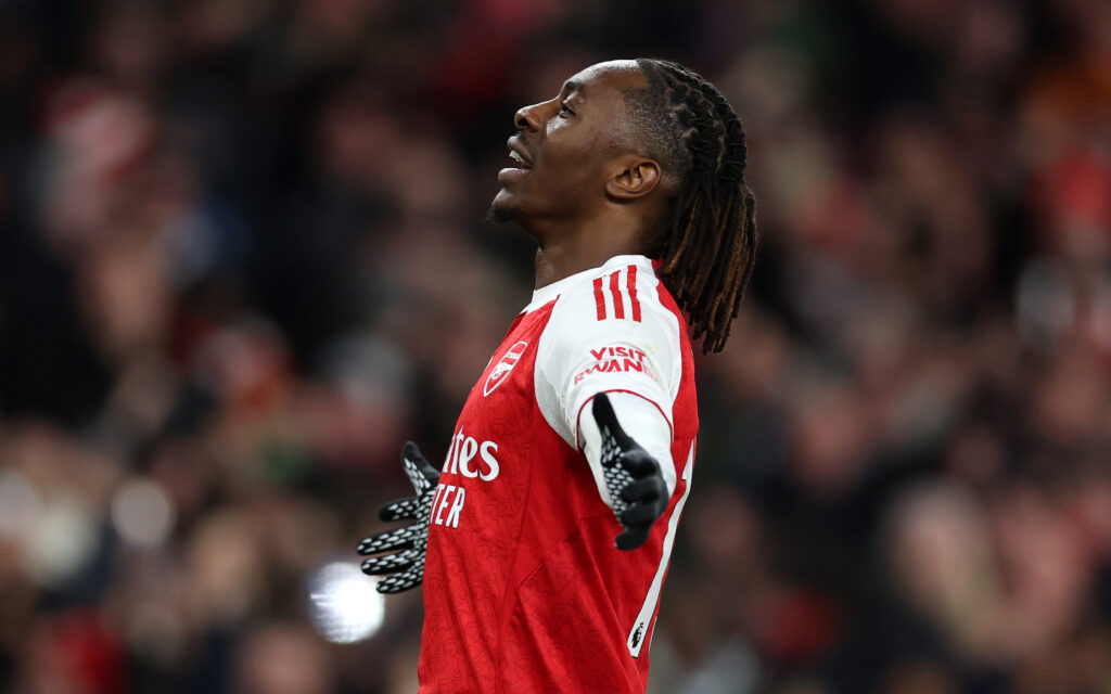 LONDON, ENGLAND - NOVEMBER 23: Eberechi Eze of Arsenal celebrates scoring his team's fourth goal during the Premier League match between Arsenal and Tottenham Hotspur at Emirates Stadium on November 23, 2025 in London, England. (Photo by Julian Finney/Getty Images)