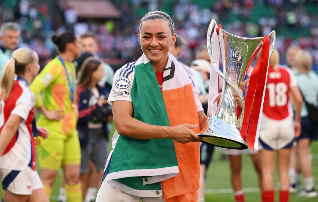 LISBON, PORTUGAL - MAY 24: Katie McCabe of Arsenal poses for a photograph with the UEFA Women's Champions League trophy as she celebrates after defeating FC Barcelona during the UEFA Women's Champions League final match between Arsenal WFC and FC Barcelona at Estadio Jose Alvalade on May 24, 2025 in Lisbon, Portugal. (Photo by David Ramos/Getty Images)