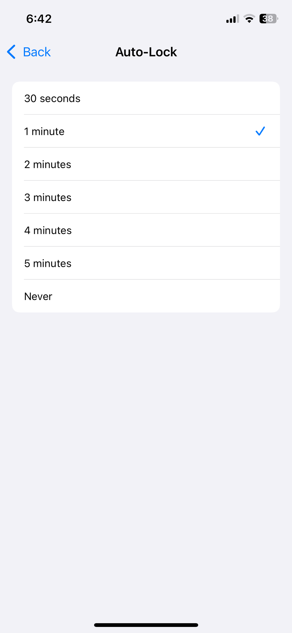 Auto-lock settings menu on iPhone