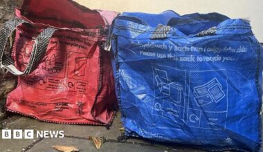 Two sacks, red and blue, pictured that are used for residents to separate their recycling. Sitting in front of a wall in garden.