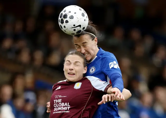Chelsea and Aston Villa players battle for ball