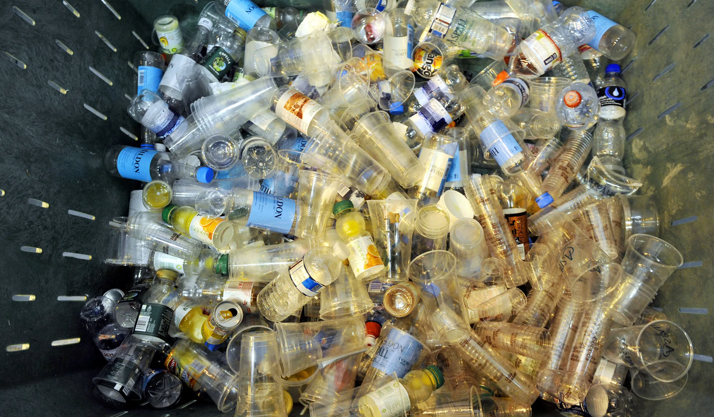 Plastic bottles and cups in a recycling bin.