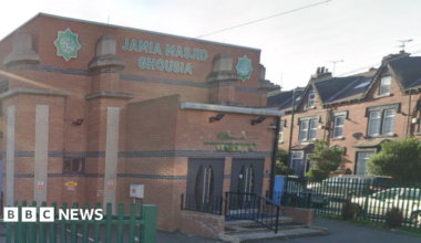 The outside entrance to the Jamia Masjid Ghousia mosque in Armley.