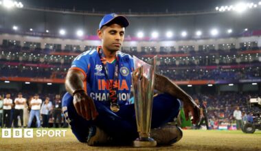 A split picture of Pakistan's Sahibzada Farhan holds his bat up to ackowledge a fifty and India's Jasprit Bumrah pumps his fist after taking a wicket