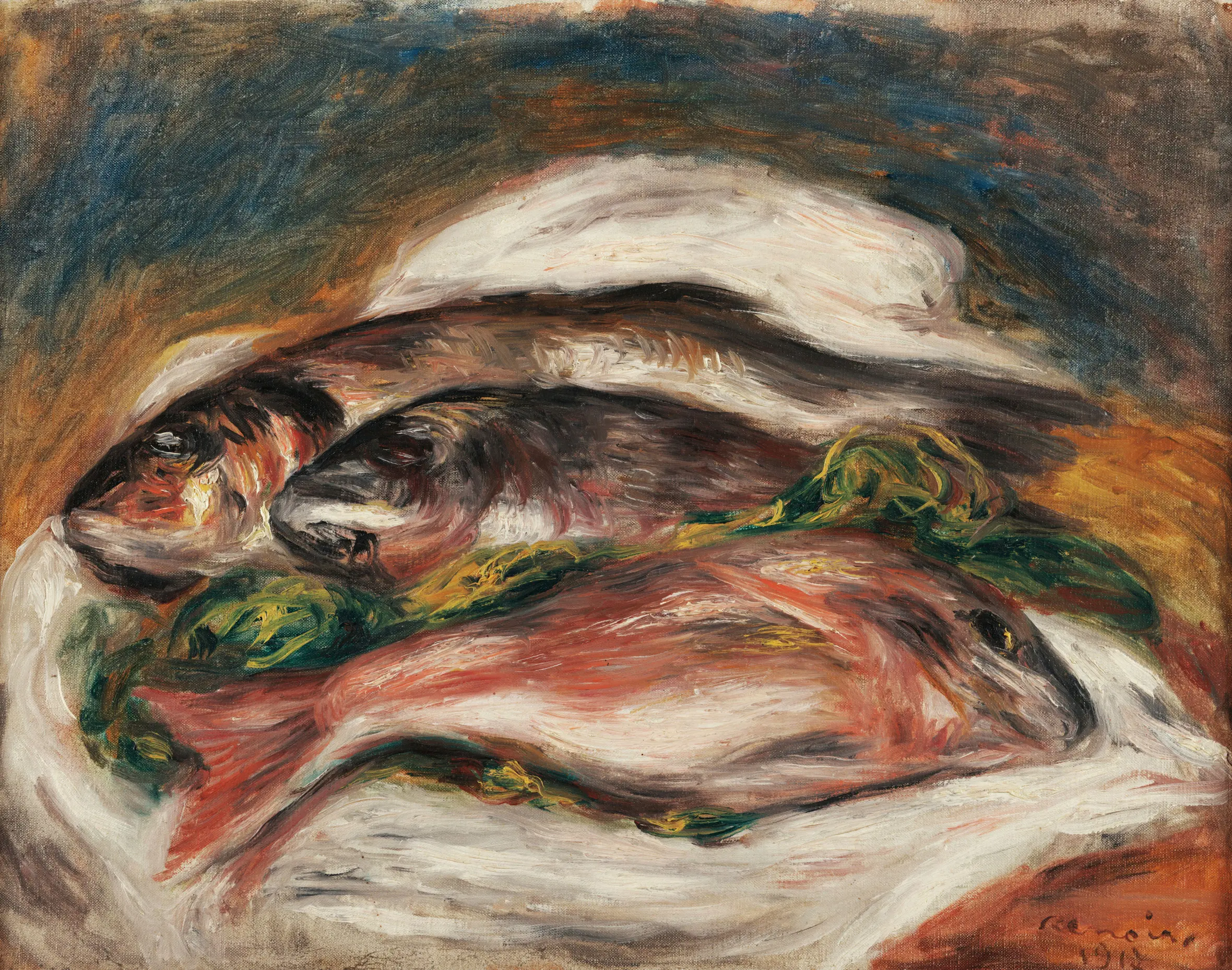 Painting of three fish on a white cloth, one reddish, two dark, with green accents.