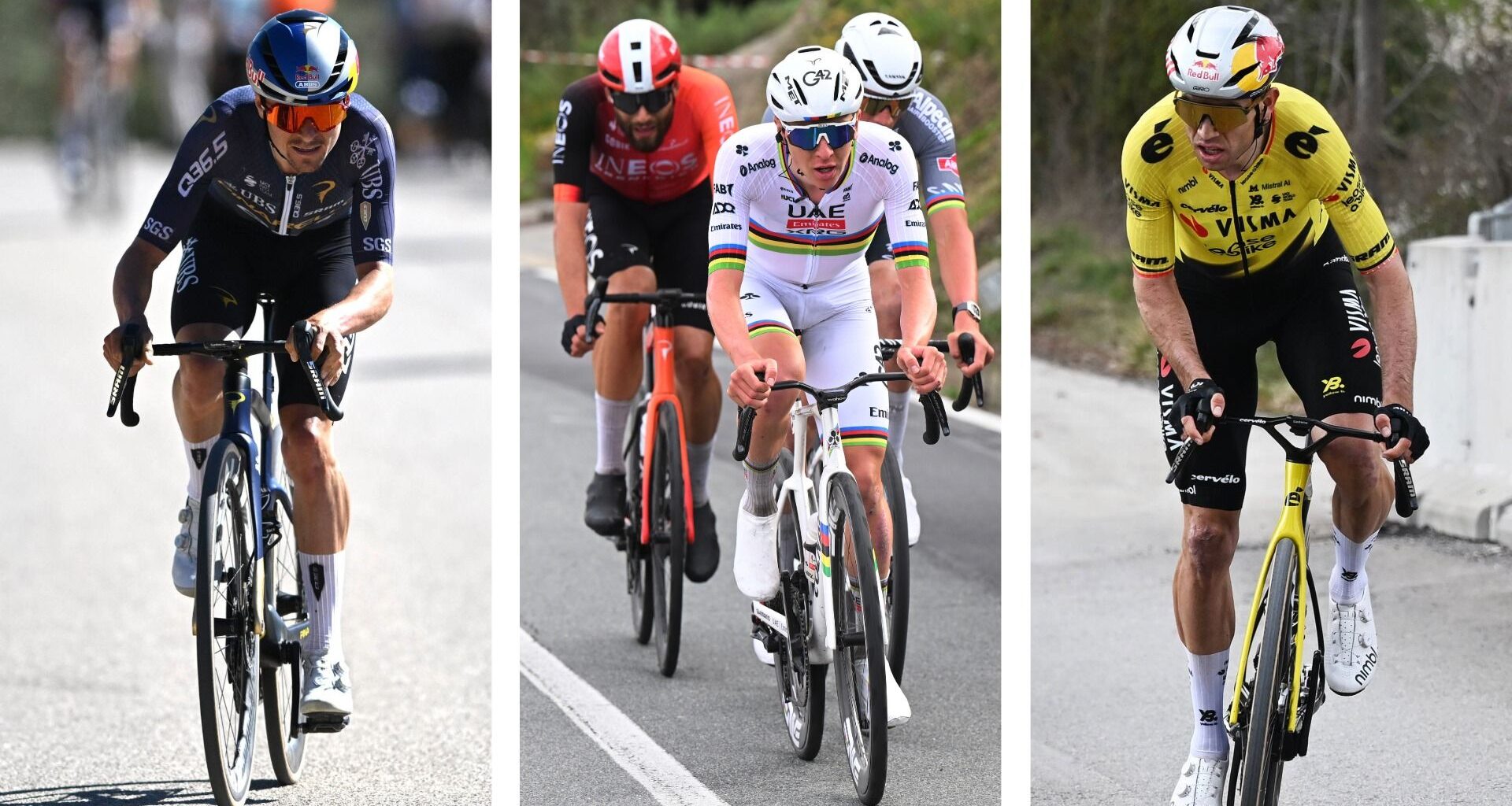 A split image showing Tom Pidcock on the left, a trio in the middle of Tadej Pogačar, Filippo Ganna, and Mathieu van der Poel, and on the right Wout van Aert.