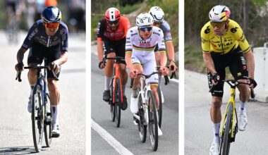 A split image showing Tom Pidcock on the left, a trio in the middle of Tadej Pogačar, Filippo Ganna, and Mathieu van der Poel, and on the right Wout van Aert.