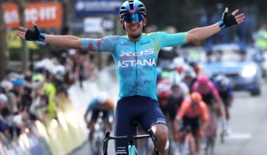 XDS Astana Team's Colombian rider Harold Tejada celebrates as he crosses the finish line to win the 6th stage of the Paris-Nice cycling race, 179.3 km between Barbentane and Apt, on March 13, 2026. (Photo by Anne-Christine POUJOULAT / AFP)