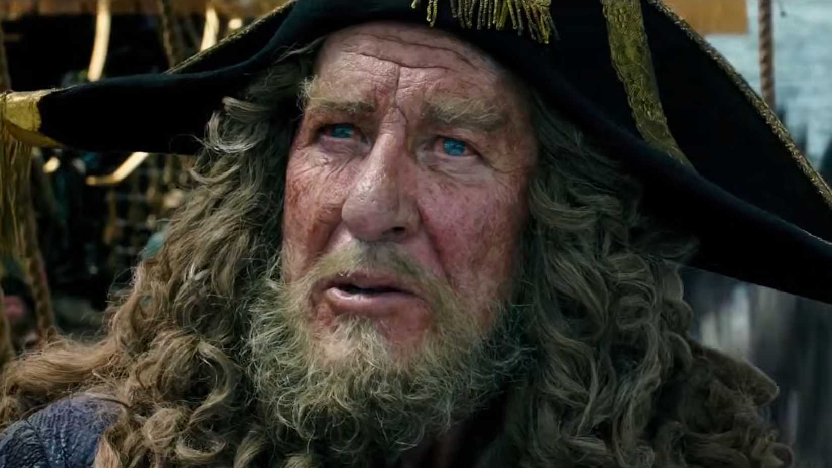 Barbossa looking ragged and sad in Pirates of the Caribbean Dead Men Tell No Tales