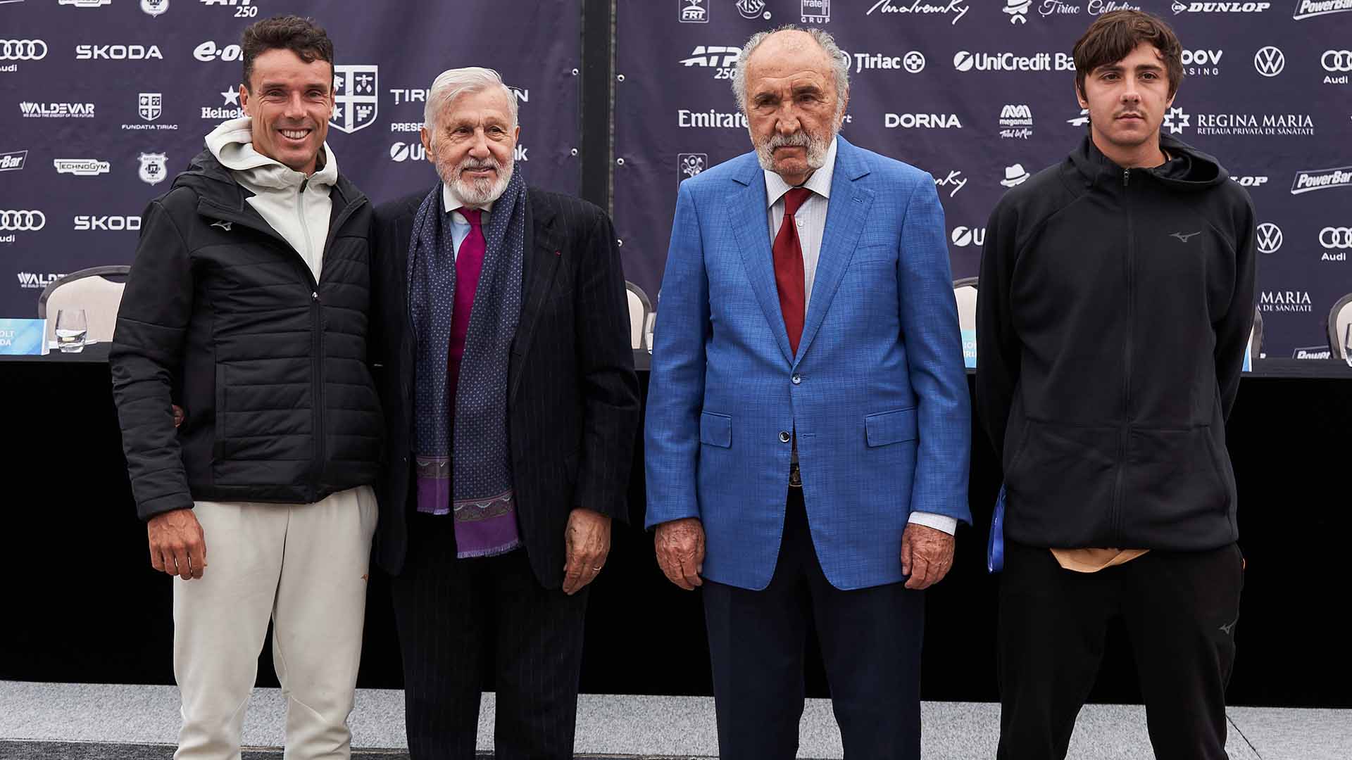 Roberto Bautista Agut, Ilie Nastase, Ion Tiriac and Alexander Shevchenko on Saturday in Bucharest.