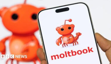 Close up of a person holding a smartphone displaying the Moltbook logo and mascot against a white background with a similar image enlarged