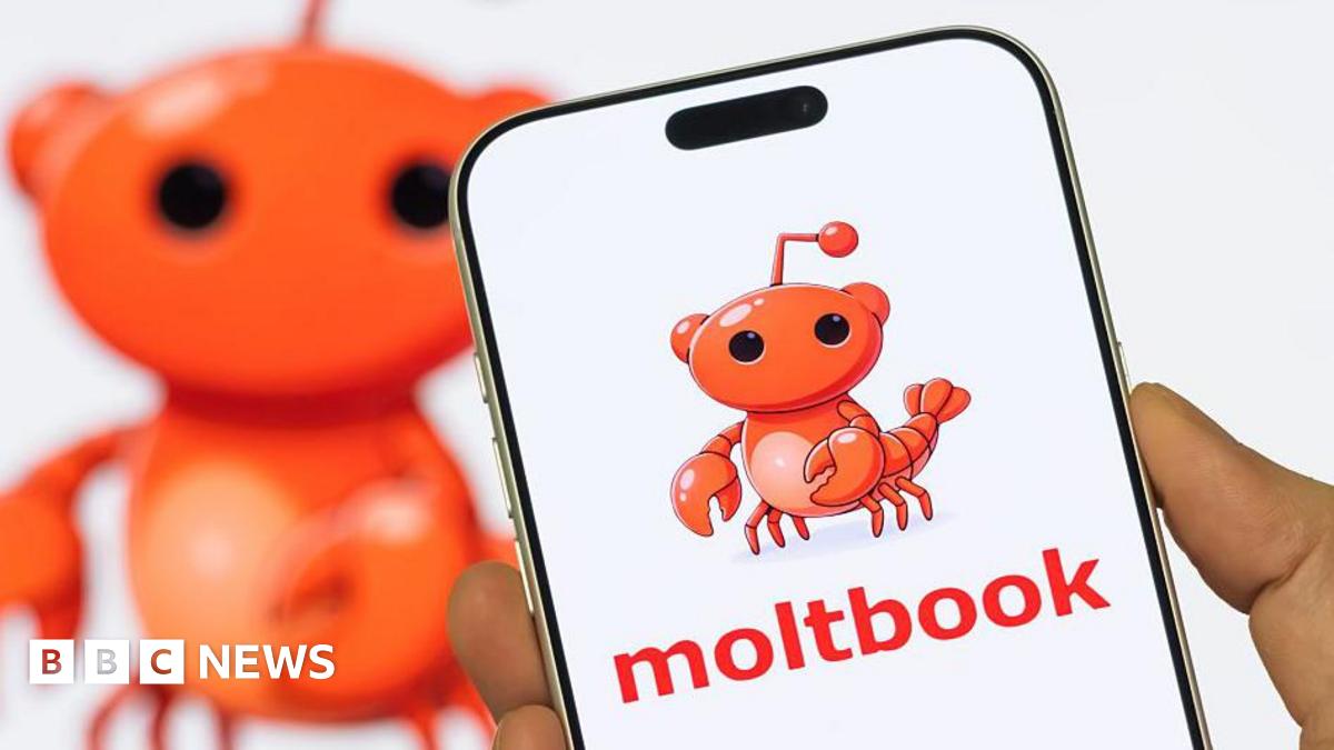 Close up of a person holding a smartphone displaying the Moltbook logo and mascot against a white background with a similar image enlarged