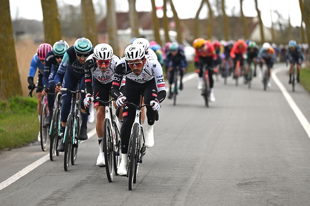 BRUGES, BELGIUM - MARCH 25: (L-R) Rui Oliveira of Portugal and Juan Sebastian Molano of Colombia and UAE Team Emirates - XRG competes during the 50th Ronde Van Brugge - Tour of Bruges 2026 - Men&amp;amp;apos;s Elite a 202.9km one day race from Bruges to Bruges / #UCIWT / on March 25, 2026 in Bruges, Belgium. (Photo by Luc Claessen/Getty Images)