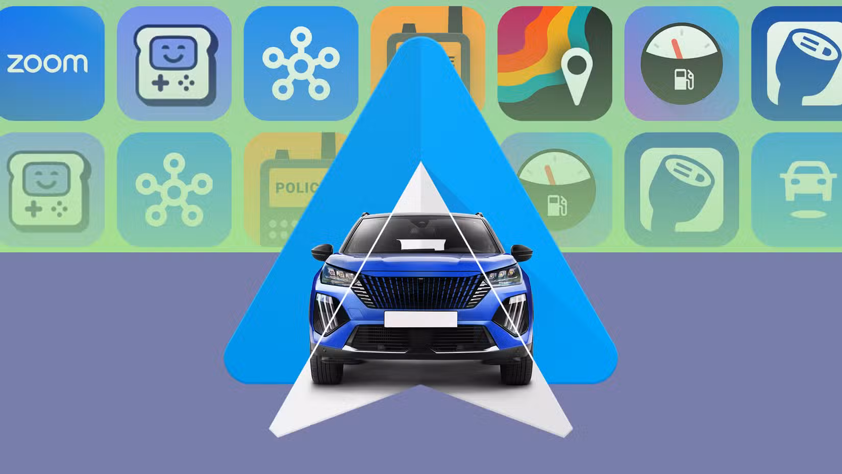 Blue car centered on an Android Auto logo, with a background grid of app icons