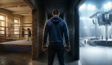 AI-generated image of a boxer standing in a hallway, facing two rings.