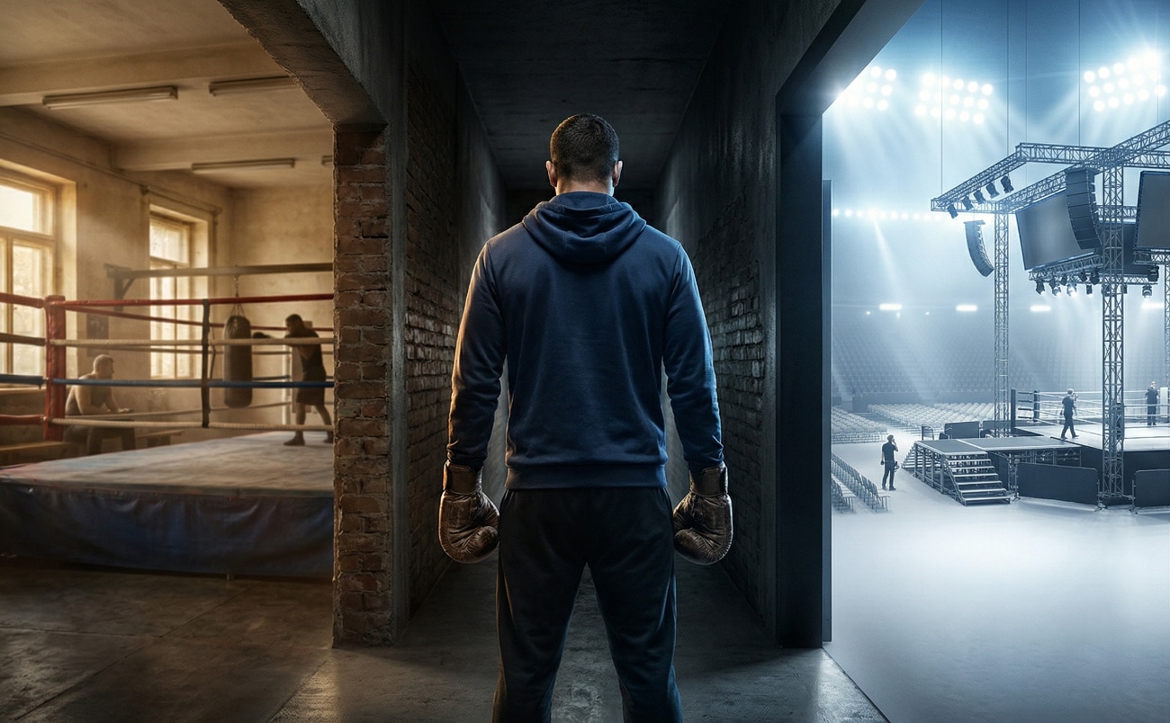 AI-generated image of a boxer standing in a hallway, facing two rings.