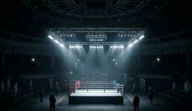 AI-generated image: A lit ring sits at the centre while separate figures stand at a distance, reflecting boxing’s decentralised structure with no single controlling authority.