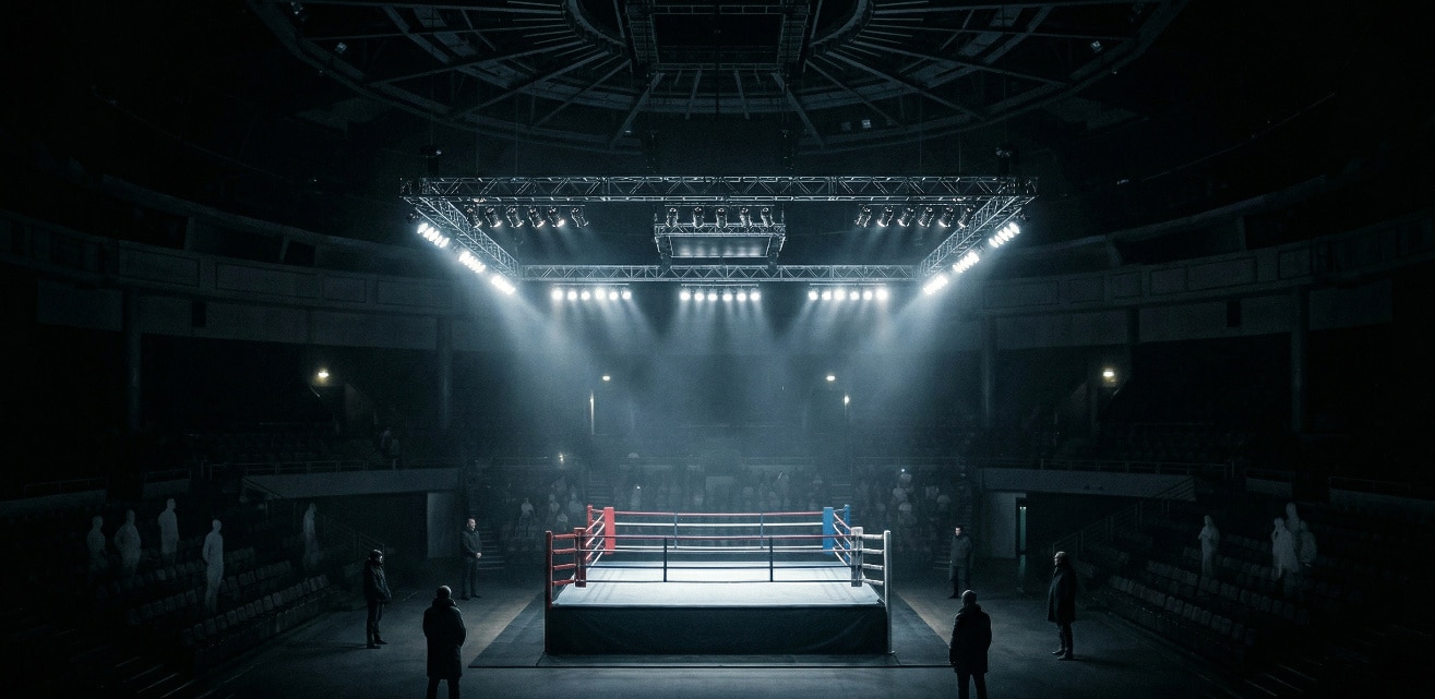 AI-generated image: A lit ring sits at the centre while separate figures stand at a distance, reflecting boxing’s decentralised structure with no single controlling authority.