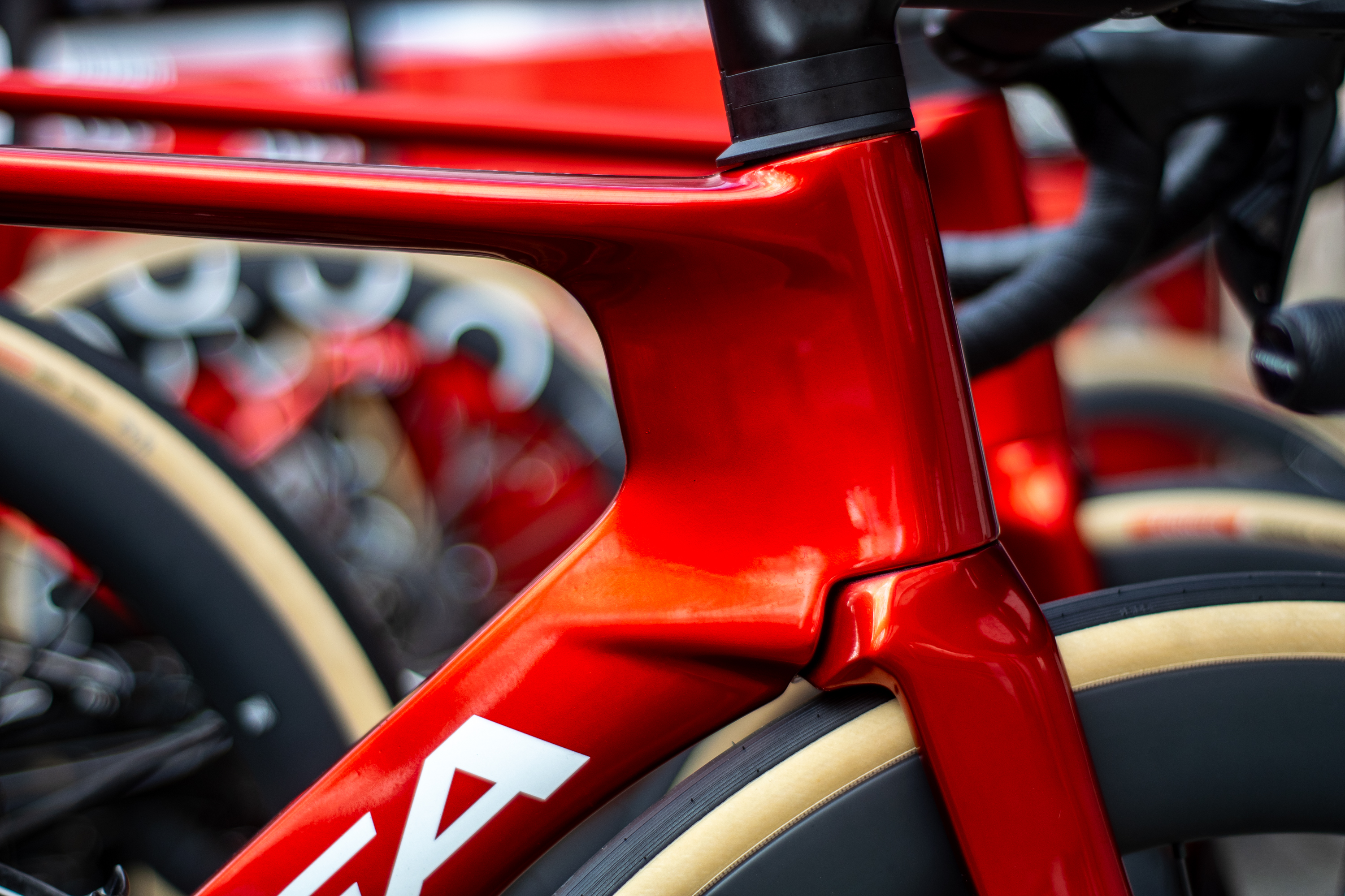 Close up of the head tube of Lotto's red Orbea