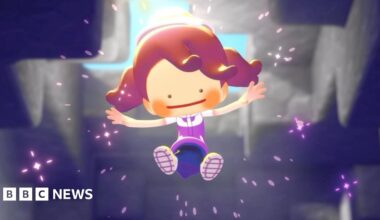 A screenshot from Pokopia shows Ditto - a shape-shifting Pokémon - in the form of a human child with overly long arms and oversized head, leaping for joy as purple sparks flash around them. They appear to be inside a cavern of some sort.