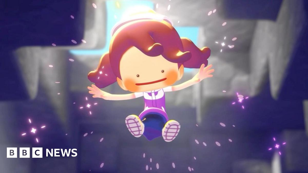A screenshot from Pokopia shows Ditto - a shape-shifting Pokémon - in the form of a human child with overly long arms and oversized head, leaping for joy as purple sparks flash around them. They appear to be inside a cavern of some sort.