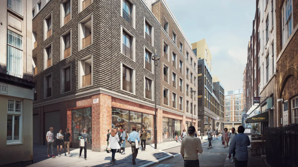 Illustration of TCRW SOHO, a modern building with retail shops and residential units, on a bustling street.