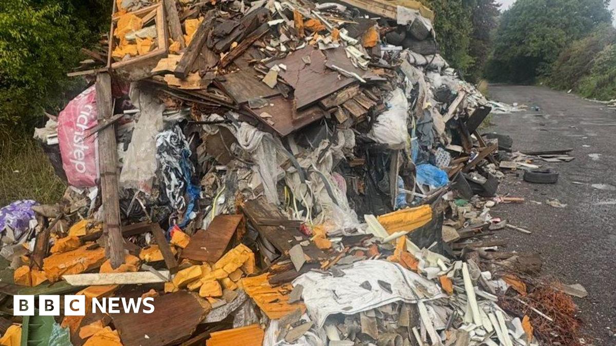 Tree-lined road with vast pile of fly-tipped rubbish strewn to the left side.