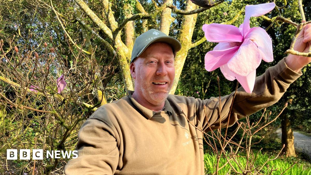 Gary Long is smiling and holding a branch down which has a huge pink magnolia flower on it. He is wearing a Trewithen branded cap and sweatshirt.