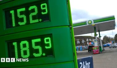 Petrol prices displayed on a digital sign outside a BP petrol station in Guildford.