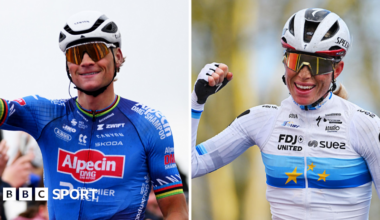 Mathieu van der Poel and Dutch compatriot Demi Vollering celebrate their wins at the Omloop het Nieuwsblad
