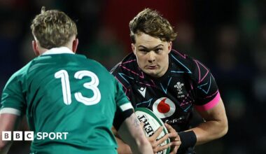 Dom Kossuth carries the ball for Wales Under-20s against Ireland in Cork