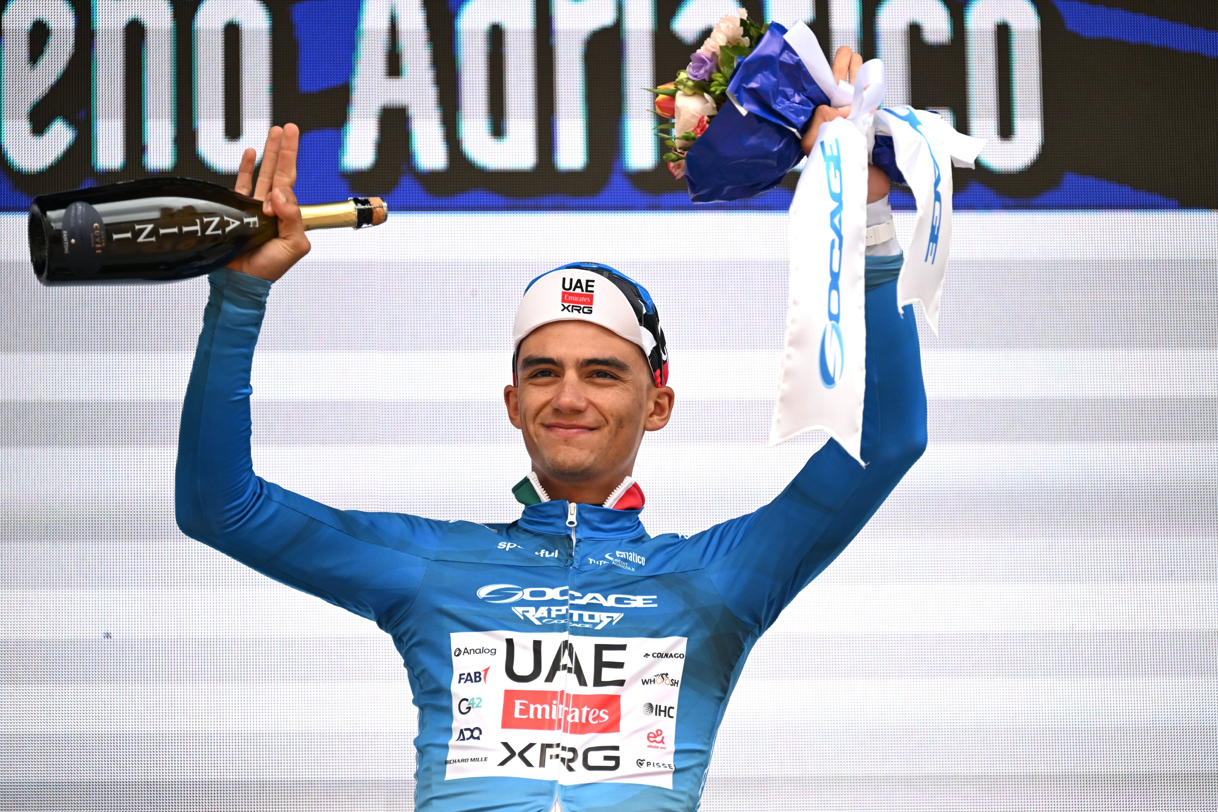 Isaac Del Toro the new blue jersey after stage 2 of Tirreno-Adriatico 2025