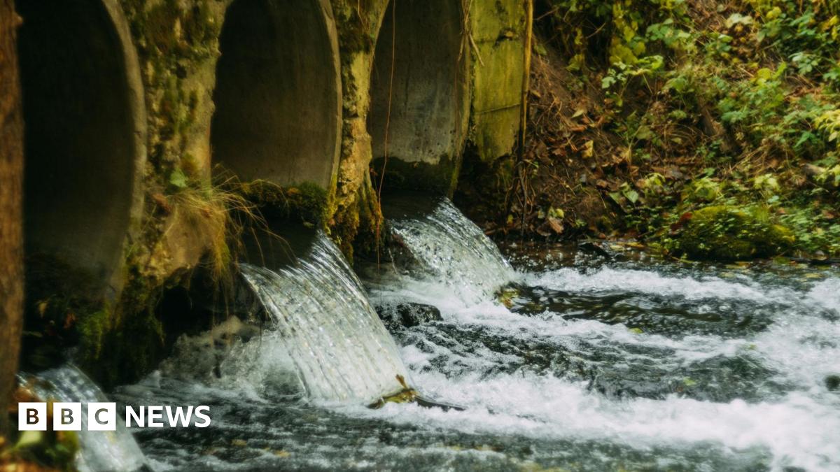 Water flowing out of three concrete pipes into river