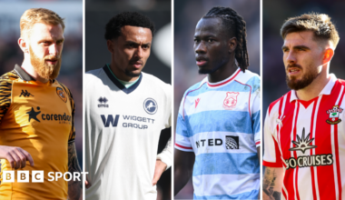 Close-ups of the following football players playing for their club, from left to right; Hull City's Oli McBurnie, Millwall's Femi Azeez, Wrexham's Issa Kabore and Southampton's Ryan Manning