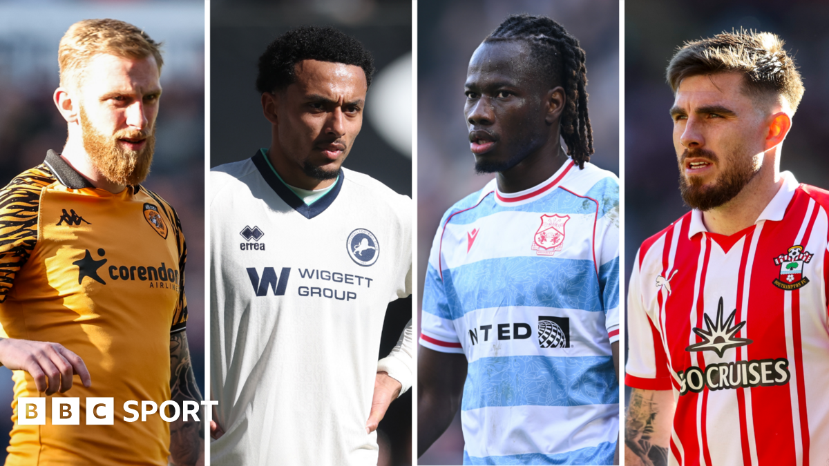 Close-ups of the following football players playing for their club, from left to right; Hull City's Oli McBurnie, Millwall's Femi Azeez, Wrexham's Issa Kabore and Southampton's Ryan Manning
