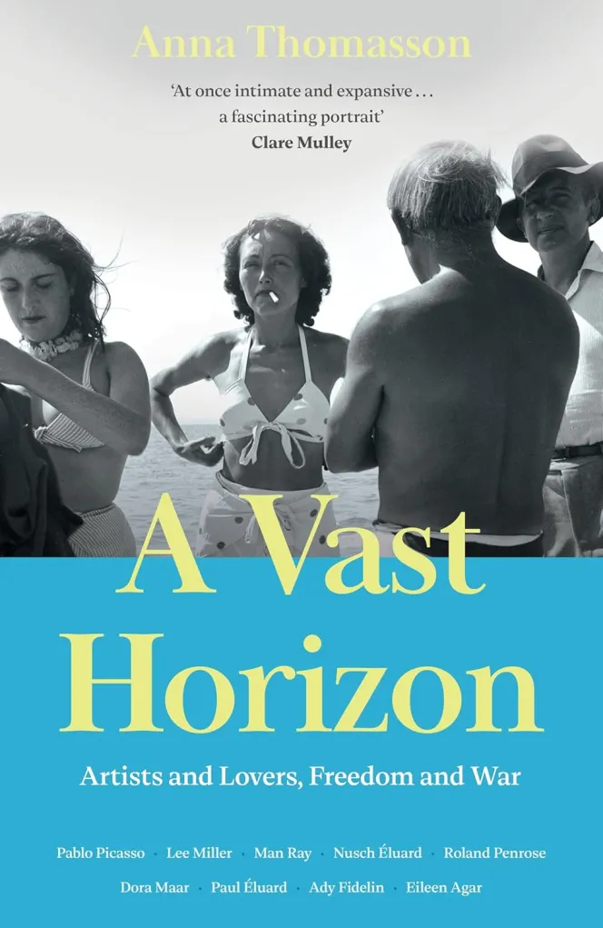 Book cover for "A Vast Horizon" by Anna Thomasson, featuring a black and white photo of four people by the water, with the title in yellow text over a blue background.