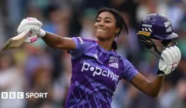 Northern Superchargers batter Davina Perrin celebrates hitting a century