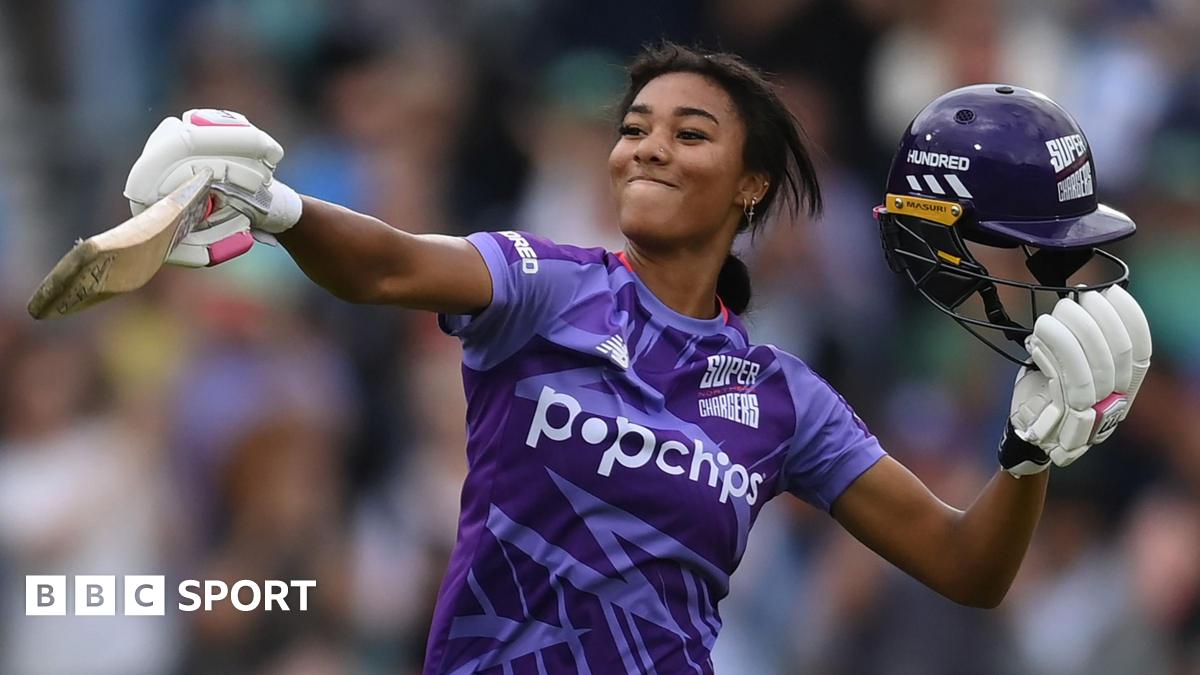 Northern Superchargers batter Davina Perrin celebrates hitting a century