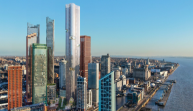 A photo of the new imagined 70-storey tower surrounded by other skyscrapers on Liverpool's waterfront