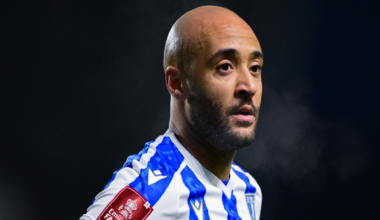 Nathan Redmon wearing Sheffield Wednesday's white and blue striped home shirt during their FA Cup third-round tie against Portsmouth in January