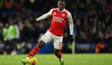 LONDON, ENGLAND: Eberechi Eze of Arsenal in action during the Premier League match between Chelsea and Arsenal at Stamford Bridge on November 30, 2...