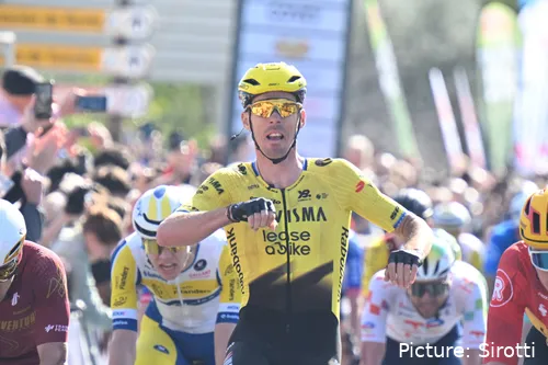 Christophe Laporte punches the air as he wins stage 1 of the 2026 Vuelta a Andalucia