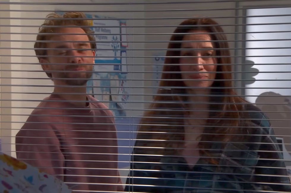 Coronation Street, David and Shona Platt coronation street, david and shona platt in the hospital with open blinds in front of them