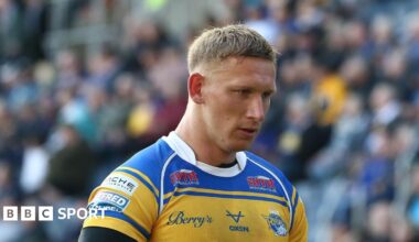 Mikolaj Oledzki looking slightly downwards during a Leeds Rhinos match