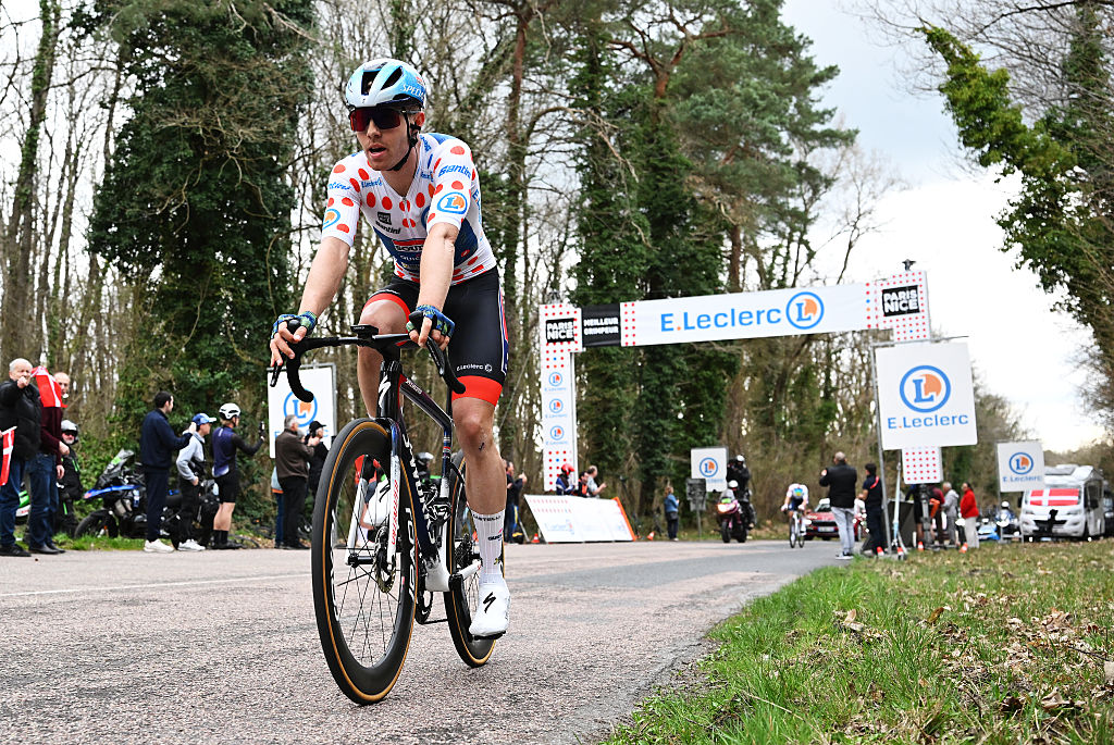 MONTARGIS, FRANCE - MARCH 09: Casper Pedersen of Denmark and Team Soudal Quick-Step - Polka dot Mountain Jersey competes in the breakaway during the 84th Paris-Nice 2026, Stage 2 a 187km stage from Epone to Montargis / #UCIWT / on March 09, 2026 in Montargis, France. (Photo by Szymon Gruchalski/Getty Images)